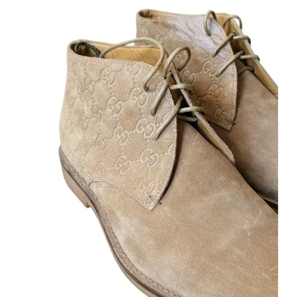 Gucci Antigua Ankle Boots Tan Suede GG Monogram Chukka Desert Mens 10 Italy